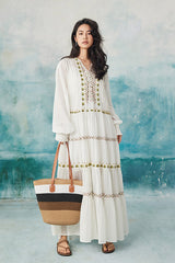 Babyonlines Boho White Long Sleeves A-line Long Dress
