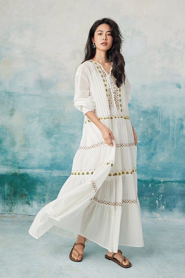 Babyonlines Boho White Long Sleeves A-line Long Dress