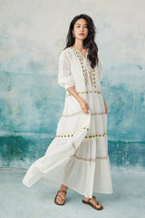 Babyonlines Boho White Long Sleeves A-line Long Dress