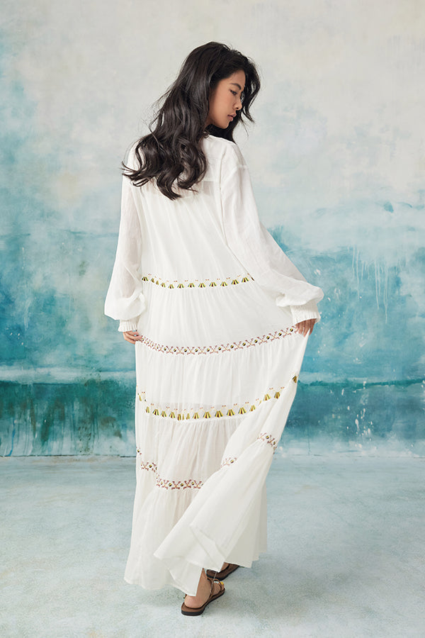 Babyonlines Boho White Long Sleeves A-line Long Dress