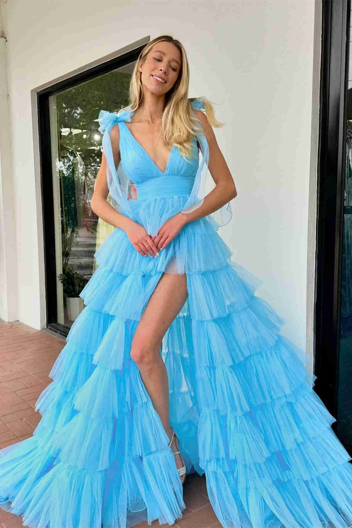 Bow Straps Orange V-Neck Ruffled Tulle Long Prom Dress with Slit