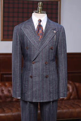 Bradley Generous Dark Gray Striped Peaked Lapel Double Breasted Business Suits