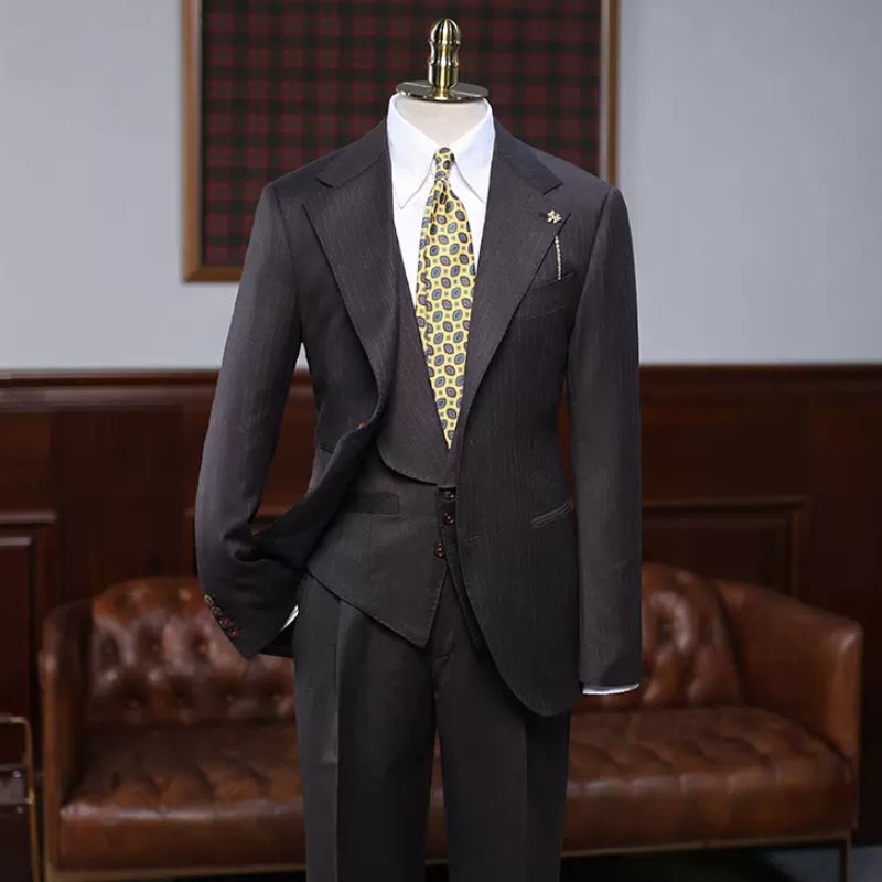 Brayden Gentle Coffee Striped Notched Lapel Three Pieces Business Suits