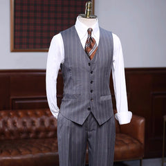 Brian Formal Gray Striped Notched Lapel Three Pieces Business Suits