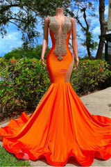 Bright Orange V Neck Sleeveless Mermaid Prom Dress with Appliques