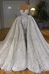 Brilliant Sweetheart Sequin Mermaid Wedding Dress with Ruffle Train