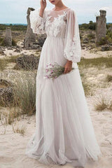 Bubble Sleeve Tulle Lace Wedding Dress
