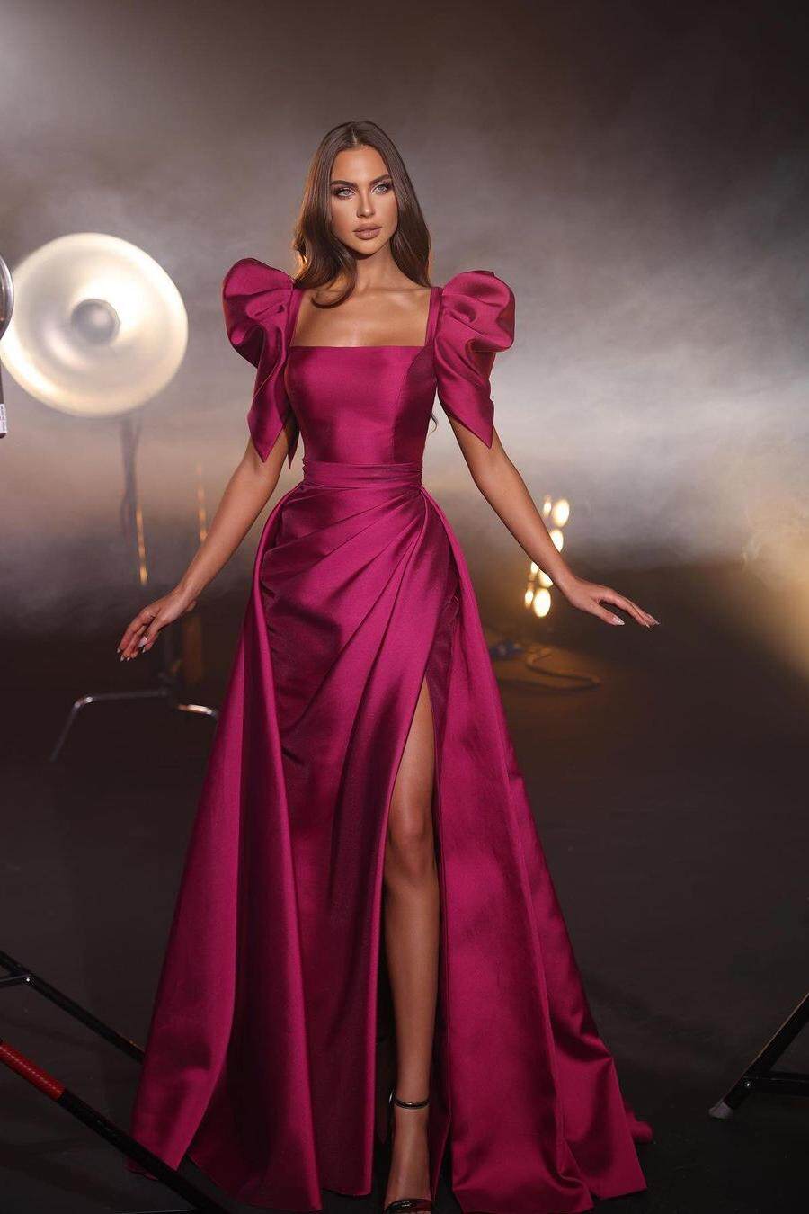 Square Neck Bubble Sleeve Mermaid Long Pleated Prom Dress with Split