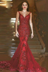 Burgundy Lace Applique Mermaid Evening Dress