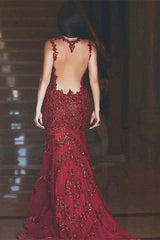 Burgundy Mermaid Evening Dress with Lace Appliques