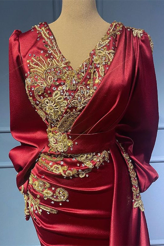 Burgundy Long Sleeve Mermaid Long Prom Dress with Beading and Appliques