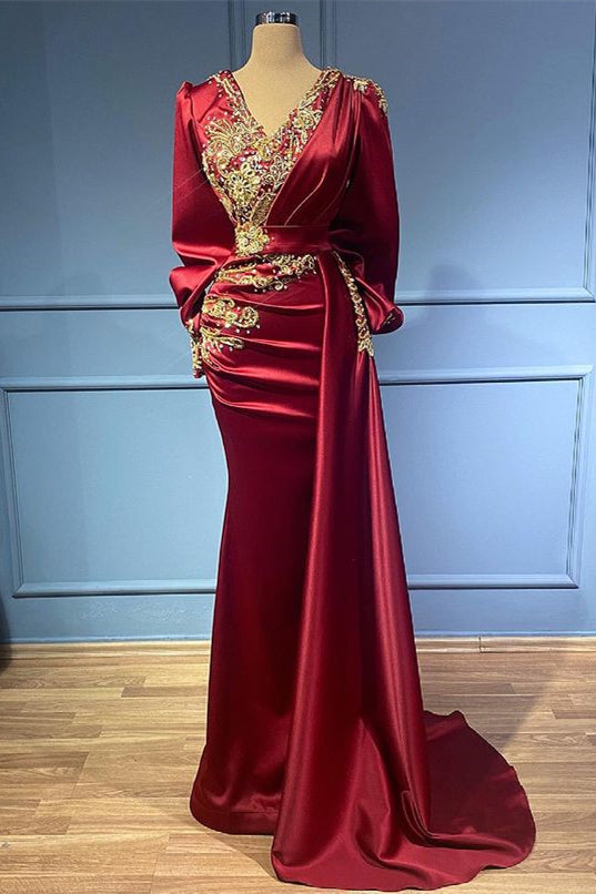Burgundy Long Sleeve Mermaid Long Prom Dress with Beading and Appliques