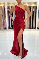 Burgundy One Shoulder Mermaid Long Prom Dress with Split