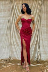 Burgundy Spaghetti-Strap Front Split Mermaid Evening Dress with Beadings
