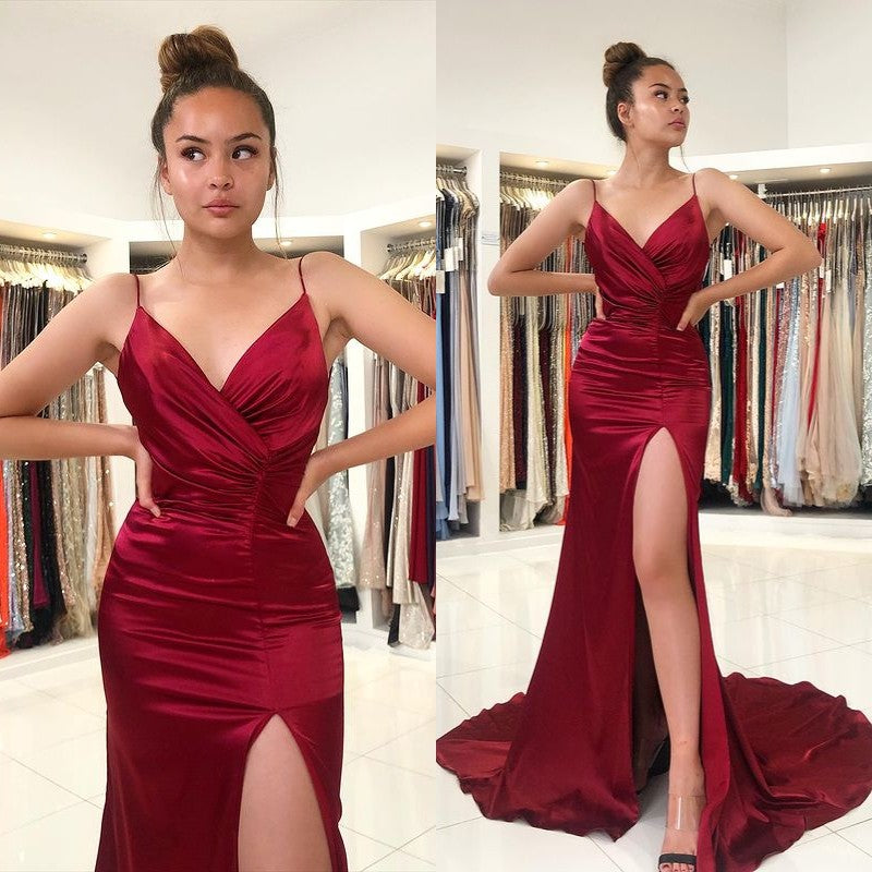 Burgundy Spaghetti-Strap Prom Dress with Slit