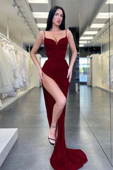 Burgundy Spaghetti Strap Mermaid Long Prom Dress with Sequins and Split