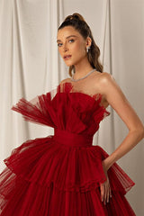 Burgundy Strapless Mermaid Evening Dress Online with Layers