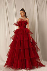 Burgundy Strapless Mermaid Evening Dress Online with Layers