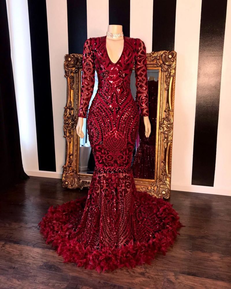 Burgundy V-Neck Long Sleeves Mermaid Prom Dress with Feather and Sequins