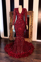 Burgundy V-Neck Long Sleeves Mermaid Prom Dress with Feather and Sequins