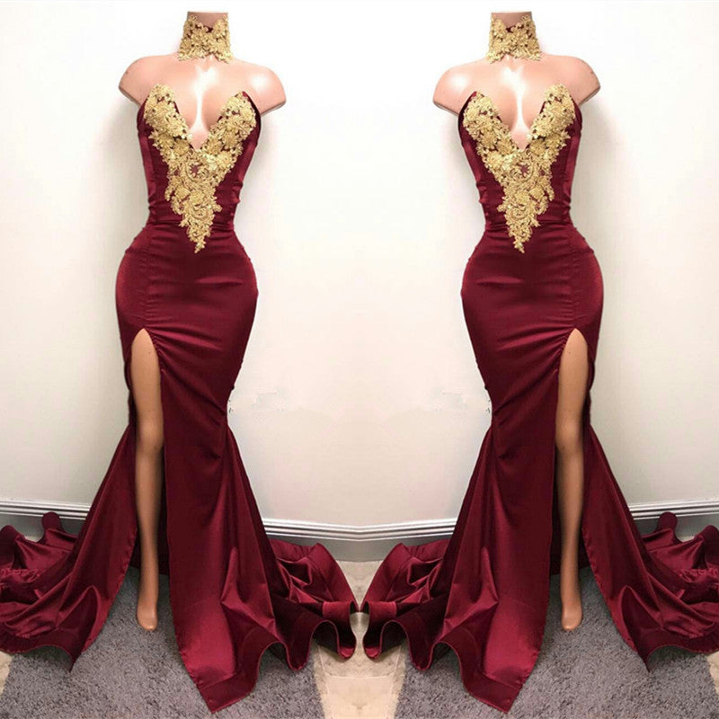 Burgundy V-Neck Mermaid Prom Dress with Split and Lace Appliques