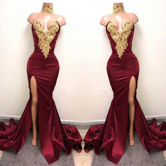 Burgundy V-Neck Mermaid Prom Dress with Split and Lace Appliques
