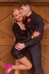 Sparkly Black Corset Long Sleeves Sequins Tight Short Homecoming