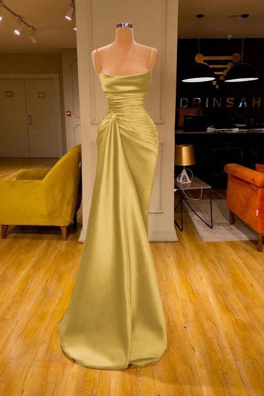 Spaghetti Strap Mermaid Long Prom Dress with Ruffles and Pleats