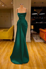 Spaghetti Strap Mermaid Long Prom Dress with Ruffles and Pleats