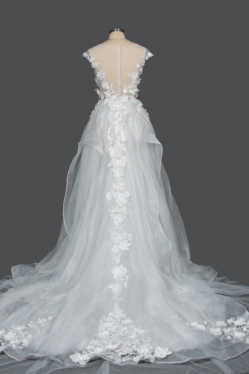 Cap Sleeve Jewel Neck Ball Gown Wedding Dress with Floral Appliques