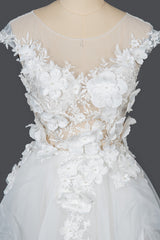 Cap Sleeve Jewel Neck Ball Gown Wedding Dress with Floral Appliques