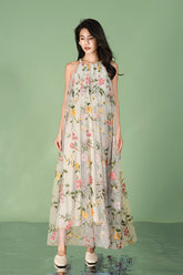 Babyonlines Casual Floral Halter Sleeveless Long A-line Dresses