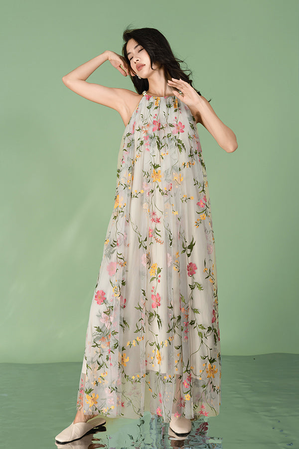 Babyonlines Casual Floral Halter Sleeveless Long A-line Dresses