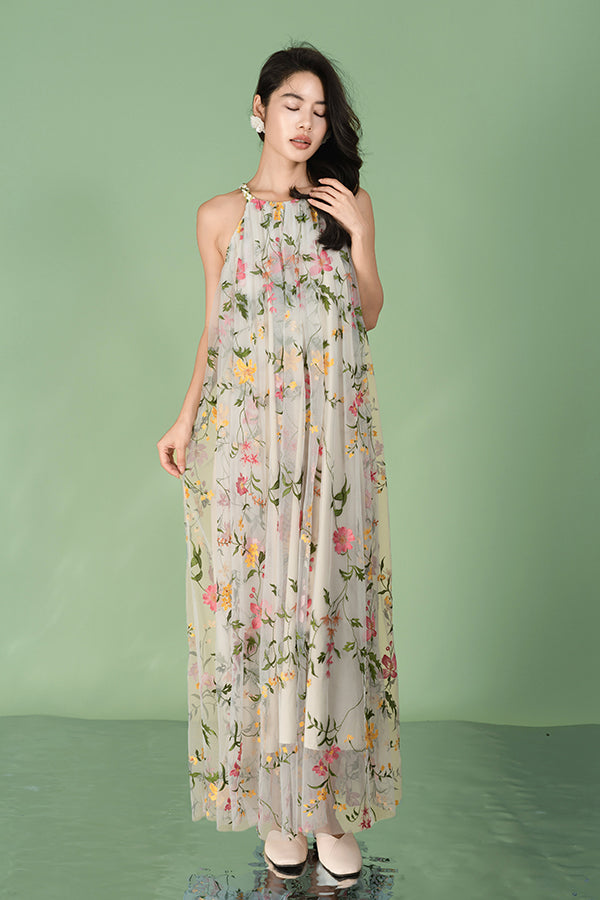 Babyonlines Casual Floral Halter Sleeveless Long A-line Dresses