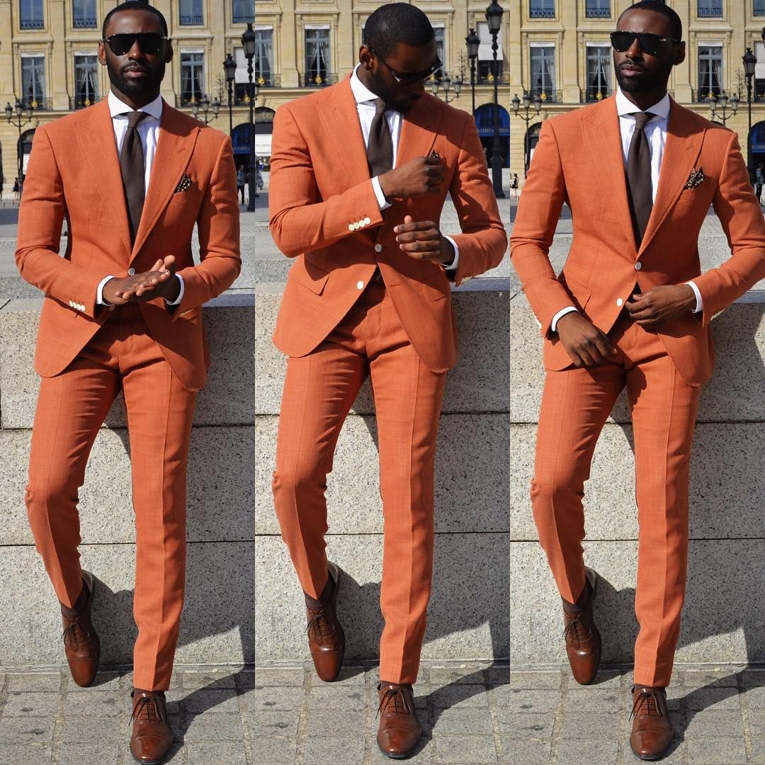 Casual Orange Wedding Suit - Peaked Lapel for Groom and Groomsmen, New Arrivals