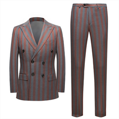 Casual Red and Gray Striped Summer Wedding Suit with Double-Breasted Design