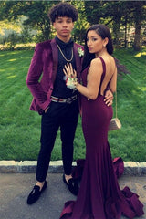 Casual Two-Piece Burgundy Velvet Prom Suit with Peak Lapel