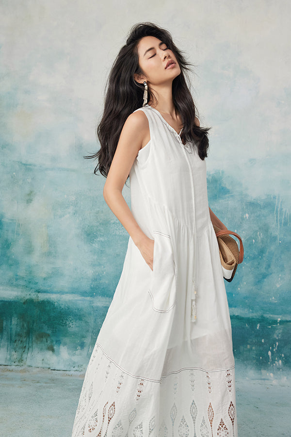 Babyonlines Casual White Crew Neck Sleeveless A-line Dress
