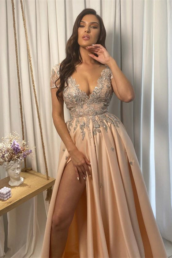 Champagne V Neck Long Prom Dress with Split and Appliques