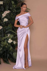 Champagne Off-The-Shoulder Charmeuse Prom Dress with Split Mermaid