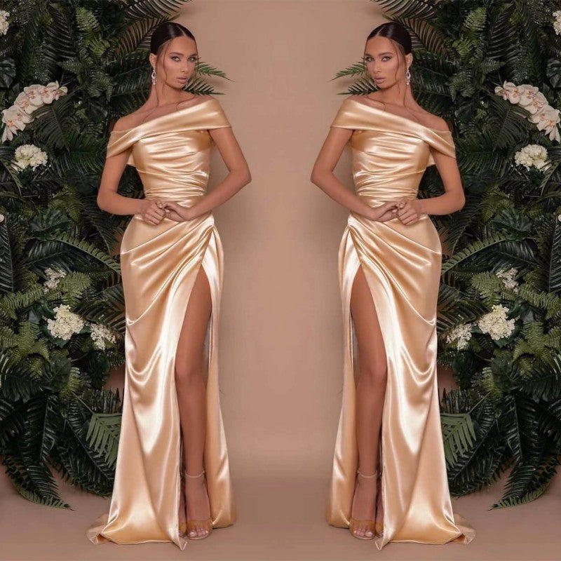 Champagne Off-The-Shoulder Charmeuse Prom Dress with Split Mermaid