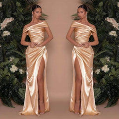 Champagne Off-The-Shoulder Charmeuse Prom Dress with Split Mermaid
