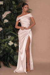 Champagne Off-The-Shoulder Charmeuse Prom Dress with Split Mermaid