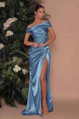 Champagne Off-The-Shoulder Charmeuse Prom Dress with Split Mermaid