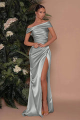 Champagne Off-The-Shoulder Charmeuse Prom Dress with Split Mermaid