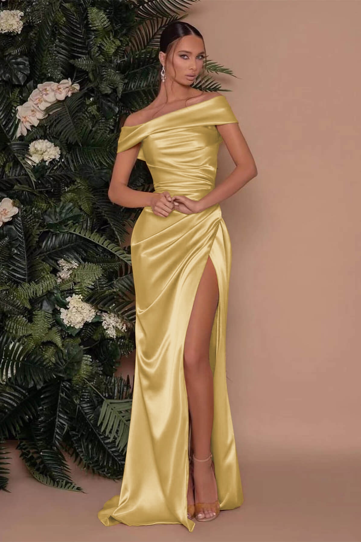 Champagne Off-The-Shoulder Charmeuse Prom Dress with Split Mermaid