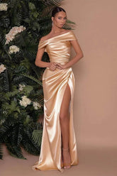 Champagne Off-The-Shoulder Charmeuse Prom Dress with Split Mermaid