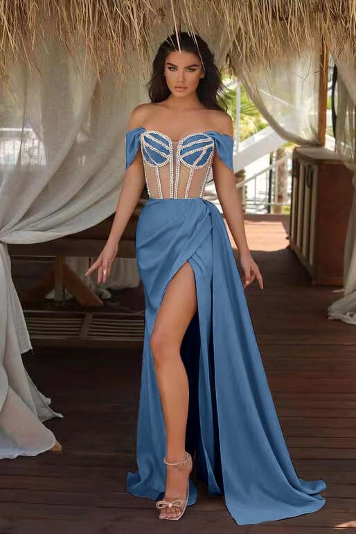 Off the Shoulder Mermaid Prom Dress with Beading Split Ruffles