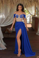 Off the Shoulder Mermaid Prom Dress with Beading Split Ruffles