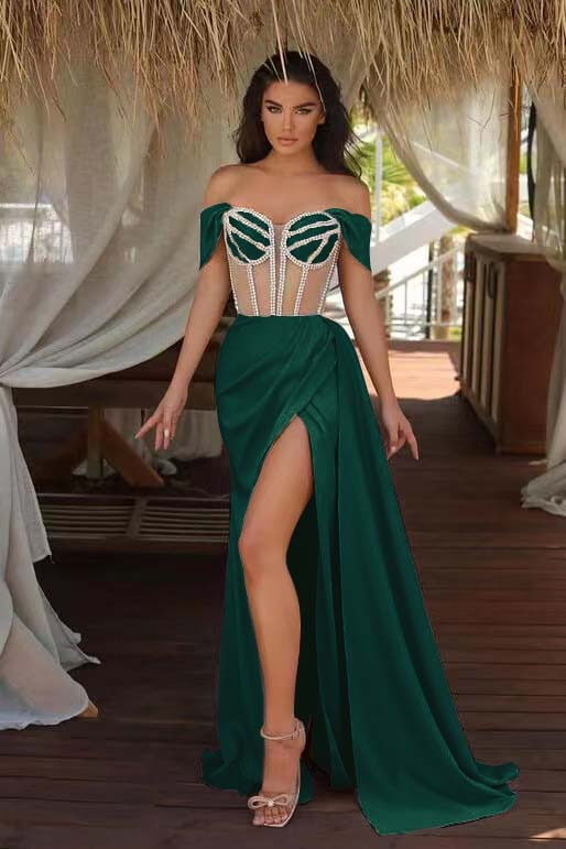 Off the Shoulder Mermaid Prom Dress with Beading Split Ruffles